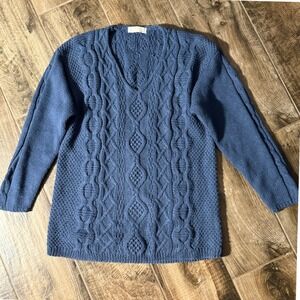 Cape Isle Knitters Vintage Women's Fisherman V Neck Cable Knit LS Sweater,Blue,L